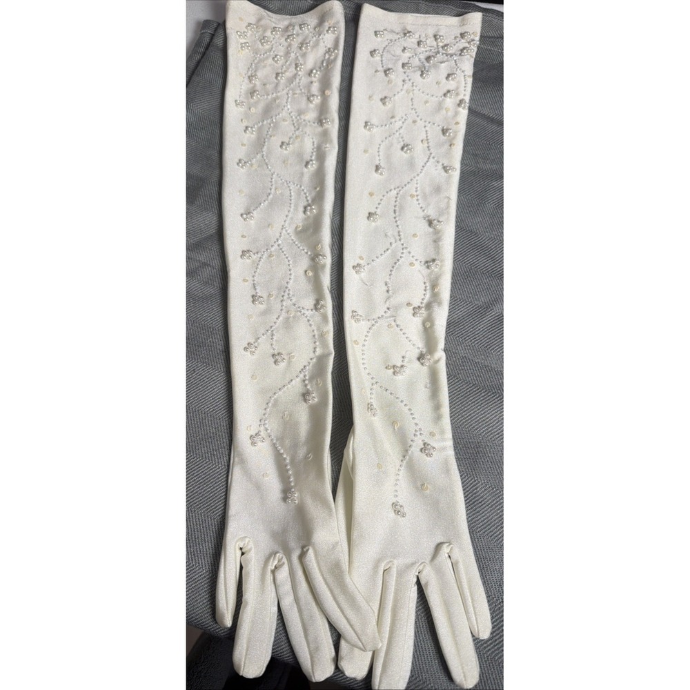 Vintage 22in Long Wedding Special Occasion Beaded White Gloves (443)